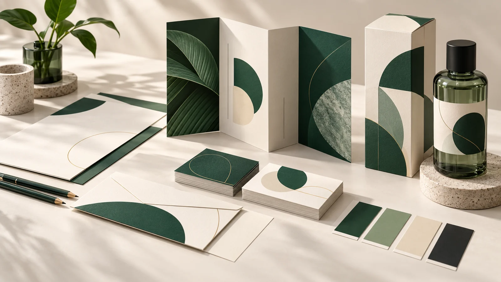 Branding and print design concept with stationery, brochure and packaging mockups